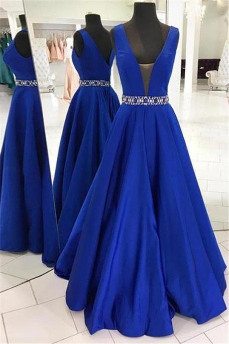 Royal Blue V Neck Long Prom Dress Blue Evening Dress,P982