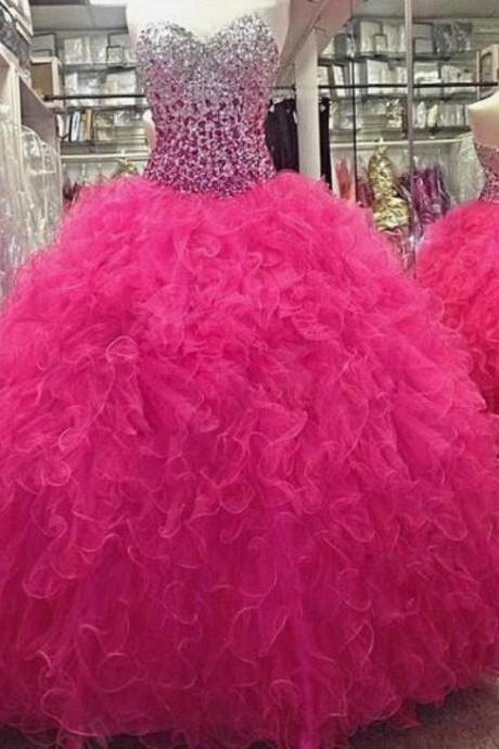 Fuchsia Pink Ball Gown Quinceanera Dress Sweetheart Beading Prom Dresses,P989