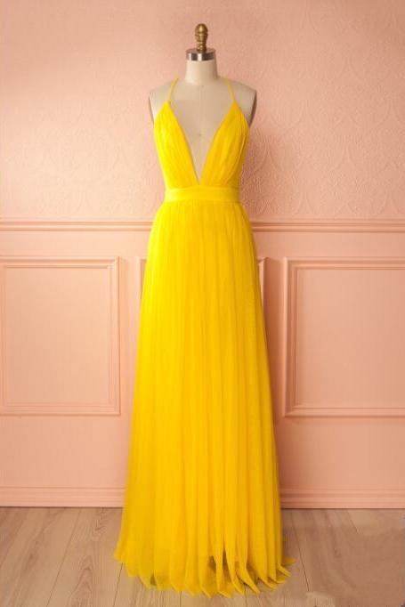 Yellow A Line Tulle Prom Dress,long Evening Dress,spaghetti Strap Formal Dresses,p1003