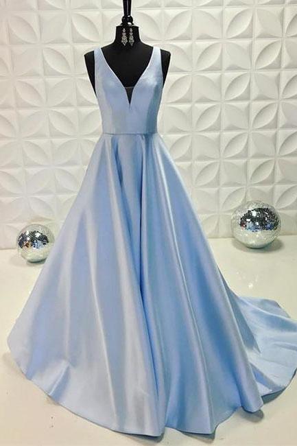 Sexy A-line Deep V-neck Light Blue Prom Dress,sleeveless Evening Dress,blue Formal Dress,p1004