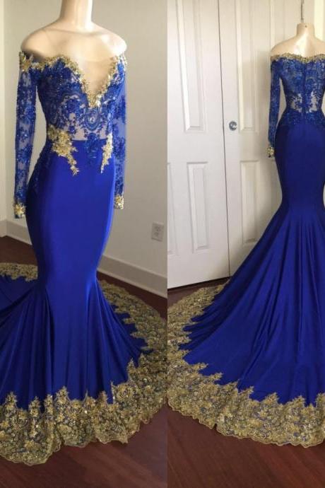 Off-the-shoulder Long Mermaid Prom Dresses | Long Sleeves Appliques Evening Gowns,p1008