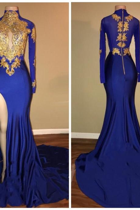 Gorgeous Royal Blue Prom Dresses | Gold Appliques Side Slit Mermaid Evening Dresses,p1010