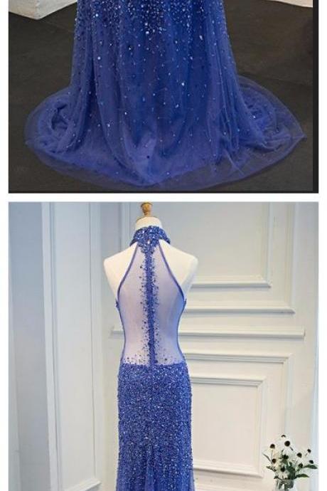 Charming Prom Dress, Halter Royal Blue Mermaid Evening Dress ,p1020
