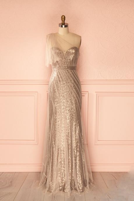 Champagne Long Sheath Evening Dresses One Shoulder Sequins Tulle Women Formal Party Dresses Floor Length Prom Gowns,p1030