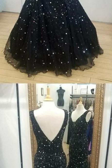 Luxurious sequins beaded v neck navy blue prom dresses sparkly mermaid evening gowns,P1039
