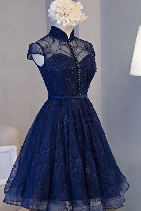 A-line/princess Prom Homecoming Dresses Short Navy Dresses With Lace Up Bandage Mini Splendid Homecoming Dresses ,h1082