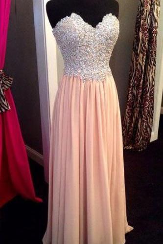 Pink Chiffon Prom Dress,long Prom Dress, Prom Dress,a Line Sweetheart Prom Dresses,blush Beadings Evening Prom Gowns,custom Made Graduation