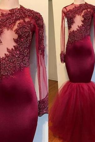 Gorgeous Beaded Burgundy Long Sleeve Prom Dresses Illusion Elastic Satin Mermaid Evening Dress,P1218