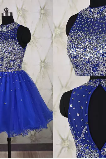 Royal Blue Formal Prom Dress Pleated Mini Evening Gowns Short Evening Dresses With Beaded Sequins Crew Collar Knee Length Dress,h1357