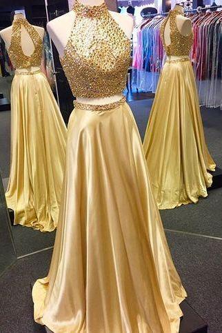 Two Piece Prom Dress, Sparkly Beads Long Prom Dress, Gold Long Prom Dress,p1380
