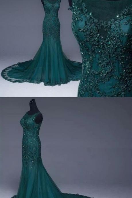 Lace Prom Dresses, Emerald Green Tulle Mermaid Prom Dresses Lace Appliques Formal Dress,P1389