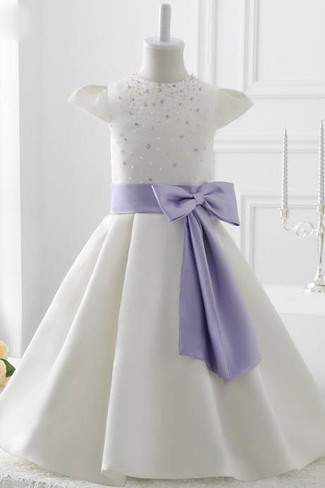 2017 style White Satin With Bow flower girl dress,FG1395