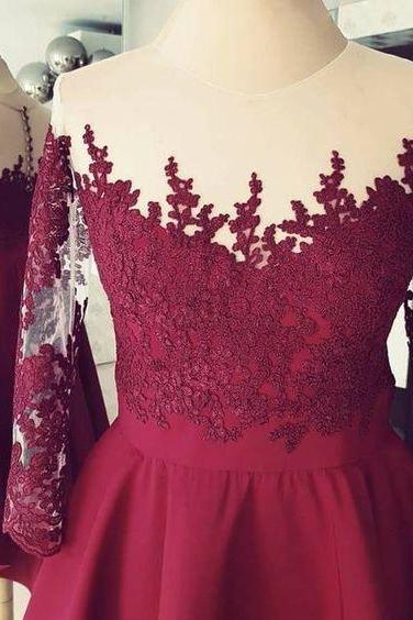 Burgundy High Low ,applique 3/4 Sleeves ,lace Homecoming Dress,short Prom Dress,formal Gowns,custom Made , Fashion,h1416