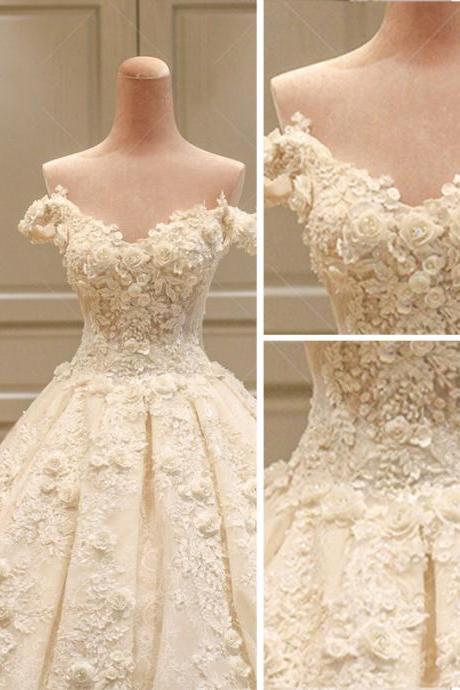Amazing / Unique Champagne Wedding Dresses 2017 Ball Gown Lace Flower Backless Tulle Sweetheart Short Sleeve Hall,W1419