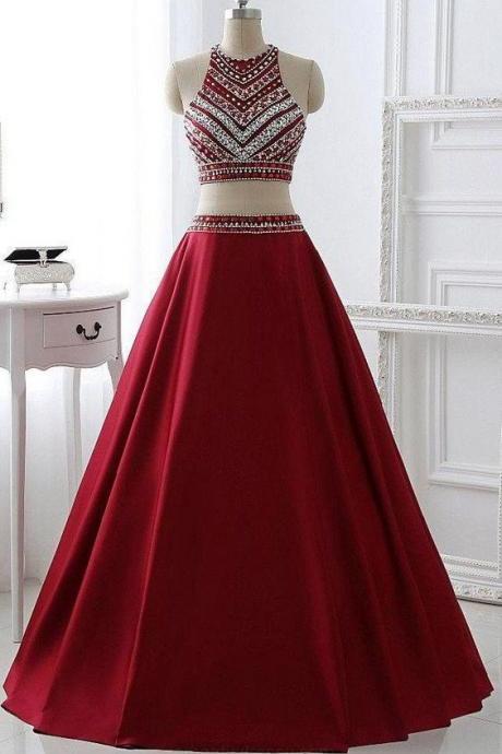Two Pieces Burgundy Prom Dress Bridal Party Dresses,p1629