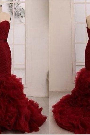 Red Mermaid Long Prom Dress ,red Mermaid Wedding Dress,layers Organza Trumpet Wedding Gown,tiered Ruffles Evening Prom Dress,evening Gowns,p1663