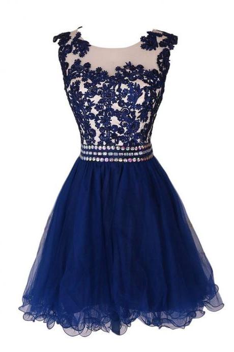 Navy Blue Lace Appliques Crew Neck Sleeveless Short Tulle Homecoming Dress Featuring Curly Hem