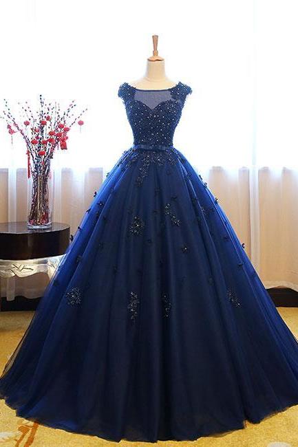 Dark Blue Tulle Lace Long Prom Dress, Dark Blue Sweet 16 Dress,p1688