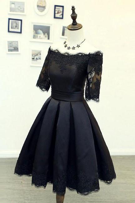Black Lace Short Prom Dress, Black Homecoming Dress, Bridesmaid Dress,h1689