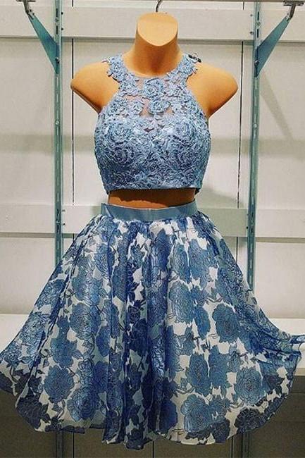Blue Two Pieces Lace Short Prom Dress, Blue Homecoming Dress,h1690