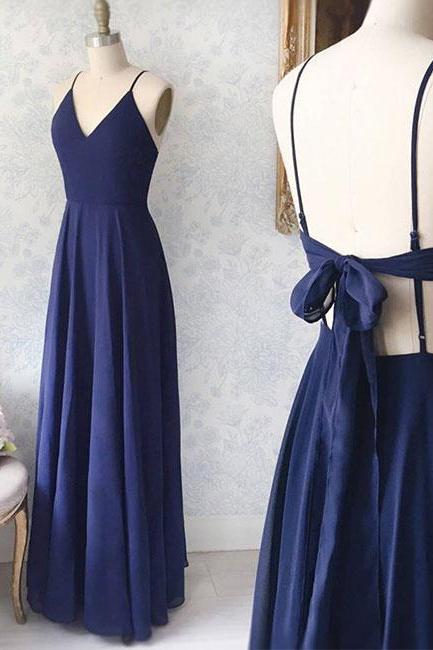 Simple V Neck Blue Long Prom Dress, Blue Evening Dress,p1696