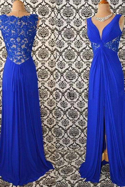 Royal Blue V Neck Chiffon Lace Long Prom Dress, Evening Dress,p1697