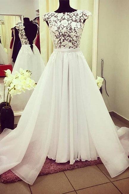 White Round Neck Lace Long Prom Dress, White Evening Dress,p1698