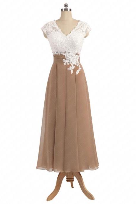 A-line V-neck Ivory Lace Top Tea-length Chiffon Bridesmaid Dresses,p1749