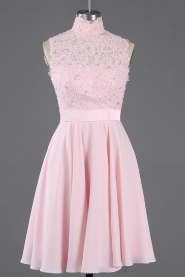 A-line High Neck Short/mini Chiffon Prom Dresses With Appliques Lace Sashes,h1750