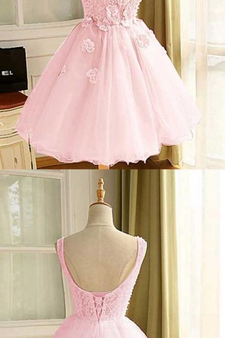 Ball Gown Scoop Short Pink Organza Homecoming Dress With Beading Appliques,h1752