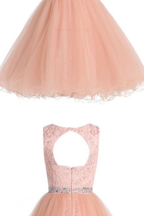 Simple Peach Short Prom Dresses,open Back Tulle Homecoming Dress,lace Party Gowns With Beaded, Dress For Teens,h1753
