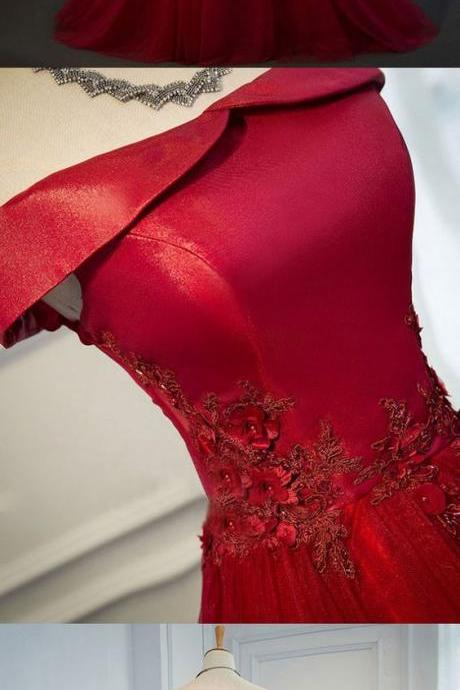 Burgundy Lace Tulle Long Prom Dress, Off Shoulder Evening Dress,p1769