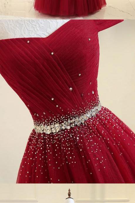 Burgundy tulle off shoulder long prom dress, burgundy evening dress,P1775