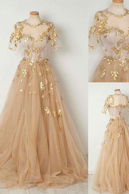 Champagne Tulle Long Prom Dress, Evening Dresses,short Sleeves Prom Dresses,p1777