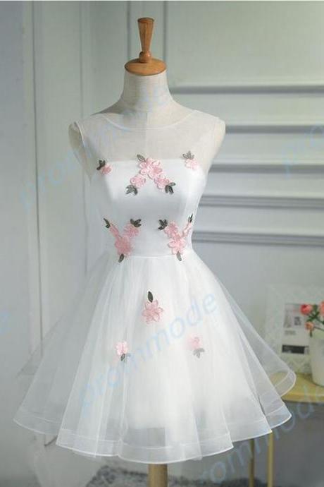 Cute A-line Organza White Sleeveless Lace-up Short Homecoming Dress,h1802