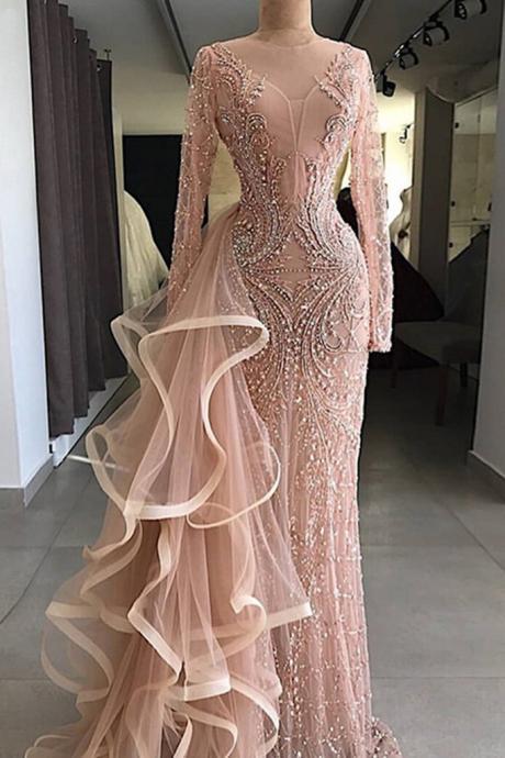 2019 Gorgeous champagne pink long sleeves mermaid formal mother prom dress, evening dress with ruffles,P1807