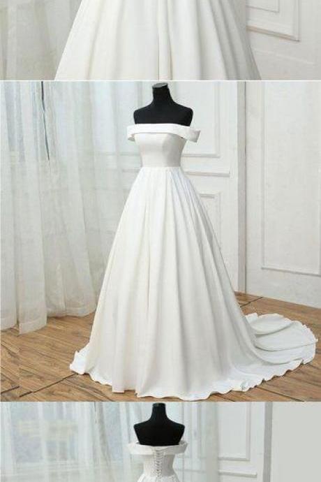 Simple white satin long prom dress, white evening dress,P1809