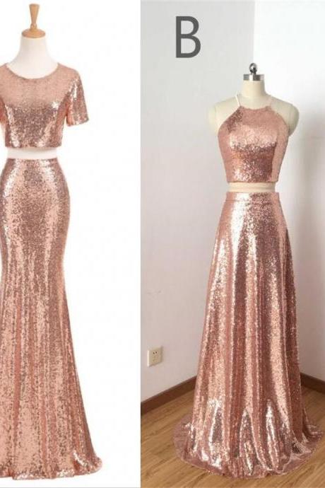 Charming Rose Gold Sequin Two Pieces Long Popular Fashion Prom Dress, Bridesmaid Dress,b1833