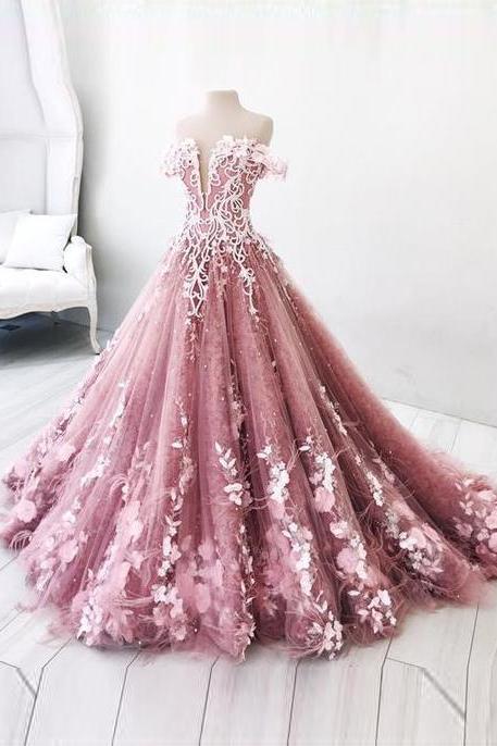 Beautiful Prom Dress A-line Off-the-shoulder Lace Floral Elegant Long Prom Dresses/Evening Dress,P1945