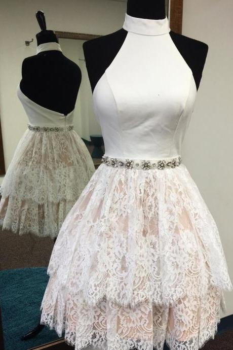 High Neck White Short Lace Backless Homecoming Dress,h1970