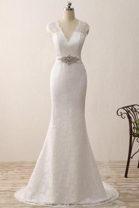 Cap Sleeve Long White Ivory Lace Mermaid Wedding Dresses V Neck Bridal Gown,mermaid Wedding Dresses,w1988