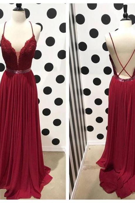Sexy Deep V-neck Long Burgundy Prom Dress Open Back Chiffon Formal Gown For Graduation,p1999