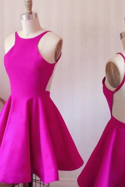 A-line Scoop Backless Short Fuchsia Satin Homecoming Dress,h2007
