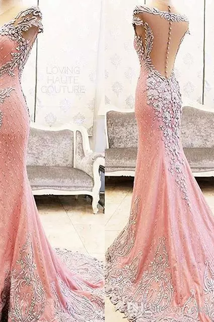 2018 Newest Sexy Real Image Mermaid Elegant Pink Lace Evening Dresses Sexy Crystal Crew Party Prom Dresses,p2028