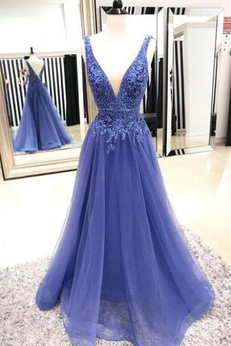 Violet Blue Curved Plunging V Neck Beaded Tulle A Line Long Prom Dress,p2080