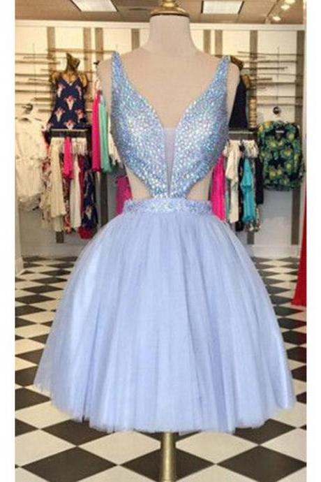 Popular V-neck Open Back Sexy Unique Style Cocktail Homecoming Prom Dress,h2088