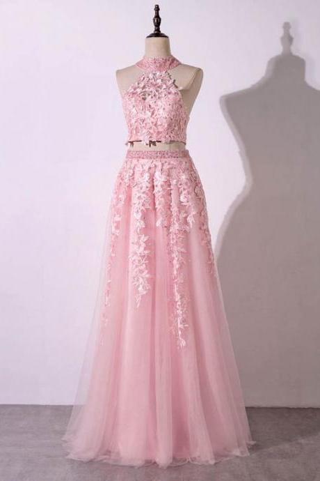 Pink tulle strapless two pieces long lace prom dress, open back party dress,P2109