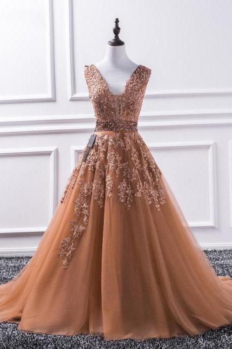Chic Brown Prom Dress A-line V-neck Applique Long Prom Dress Evening Dress,p2130