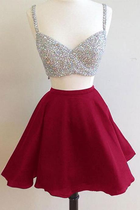 Short Prom Dresses with Beading Homecoming Party Gown 2 Pieces with Spaghetti Straps,H2139