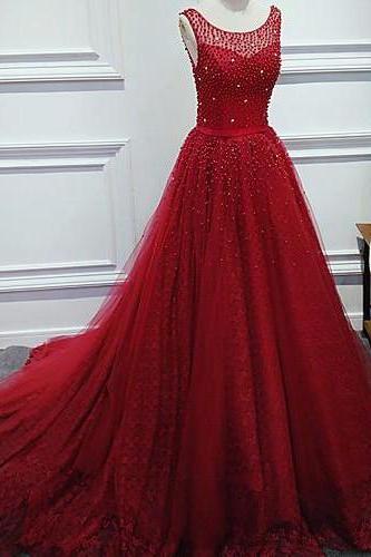 Red Scoop Neck Ball Gown Beaded Prom Dress Formal Gowns ,p2153